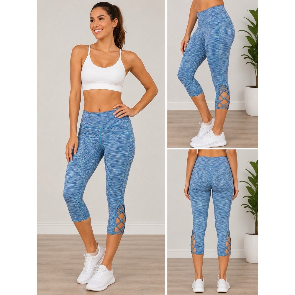 VOGO Athletica Womens XL Blue Space Dye Capri Leggings Criss Cross Workout